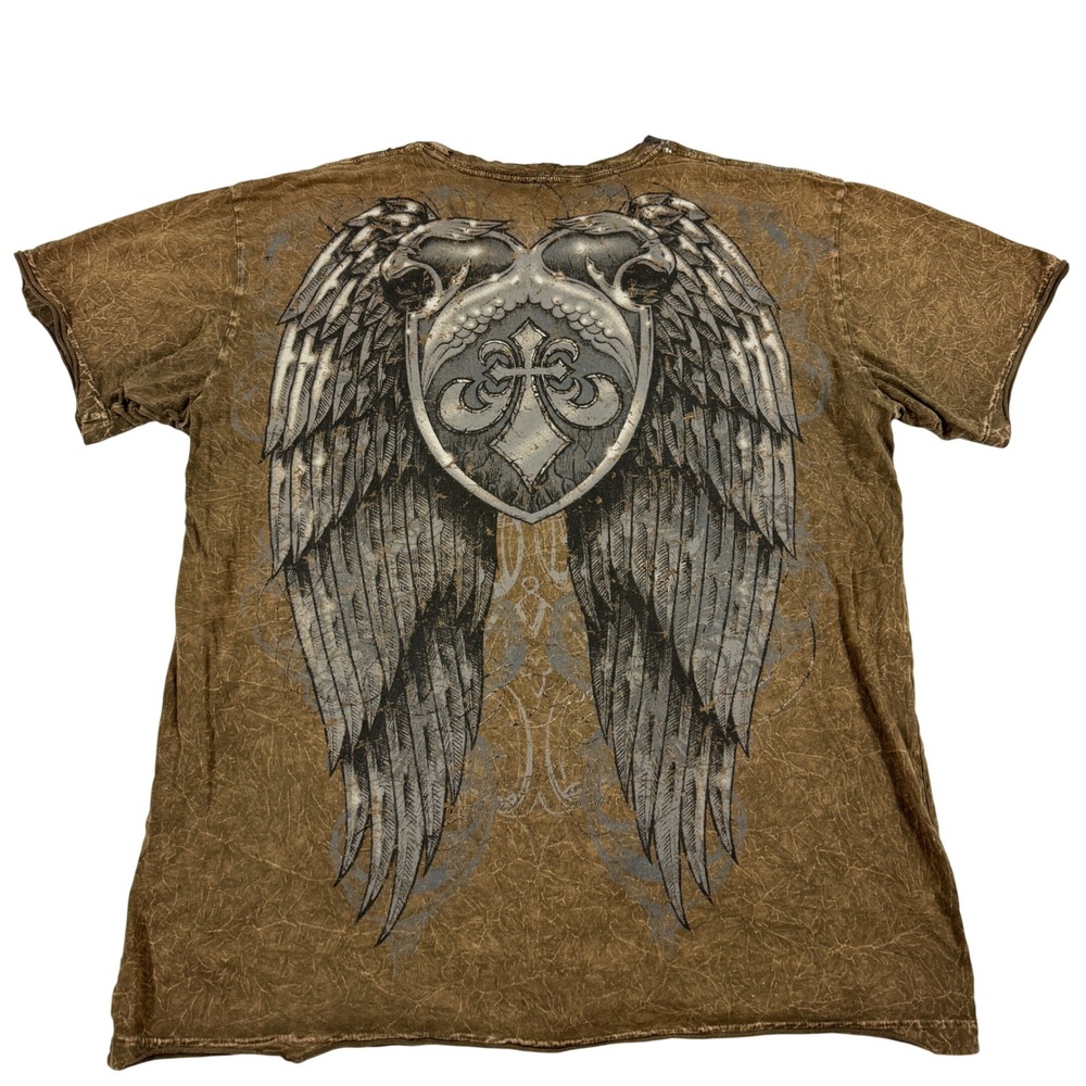 Affliction Live Fast Men's XL Brown Acid Wash Winged Graphic T-Shirt Distressed